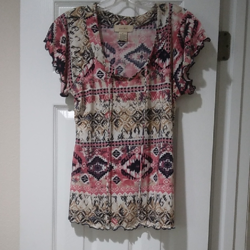 Ruffled Pink and Red Cap Sleeve Blouse